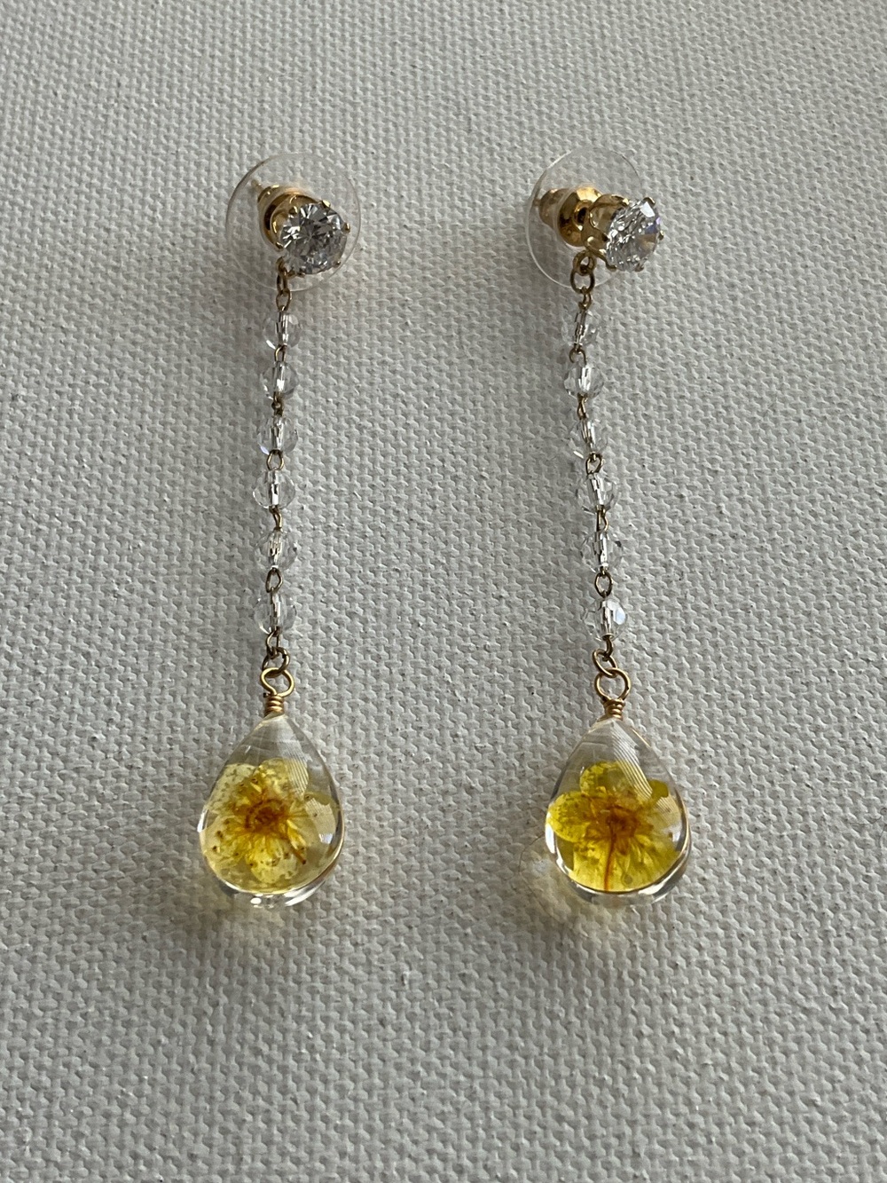 Yellow Flower Teardrop Dangle Earrings — Gold Accents